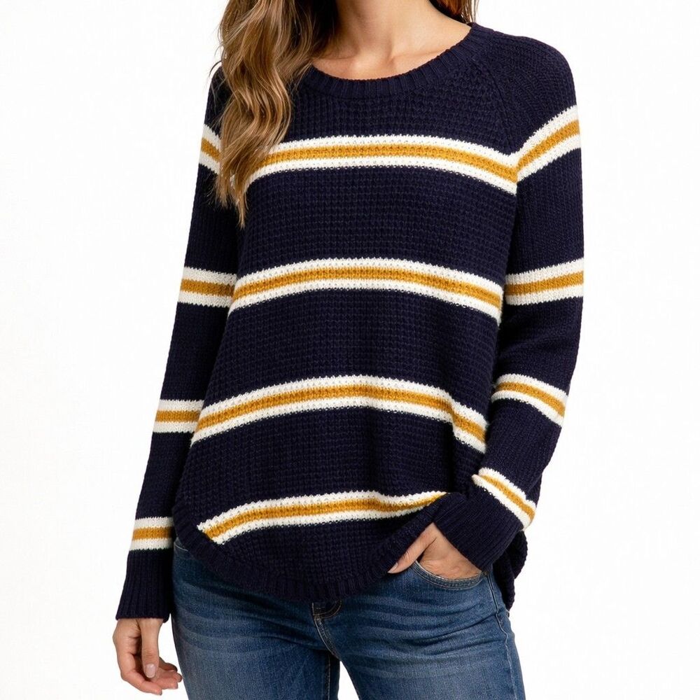 Arizona Jean Co Waffle Knit Striped Sweater Navy Blue Mustard Yellow Curved Hem